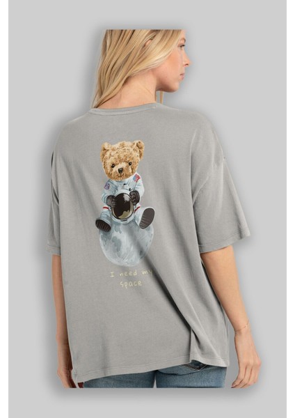 Teddy Bear I Need My Space Arka Baskılı Gri Oversize T-Shirt Unisex Erkek Kadın Bisiklet Yaka modelleri