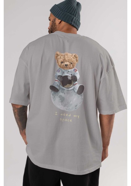 Teddy Bear I Need My Space Arka Baskılı Gri Oversize T-Shirt Unisex Erkek Kadın Bisiklet Yaka indirimleri