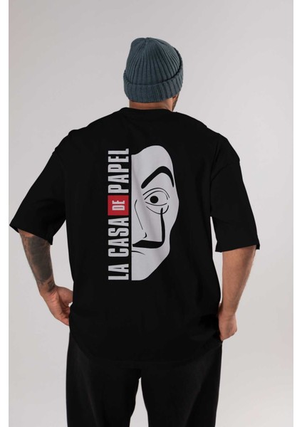 La Casa De Papel (3) Arka Baskılı Siyah Oversize T-Shirt Bisiklet Yaka Pamuk Erkek Kadın