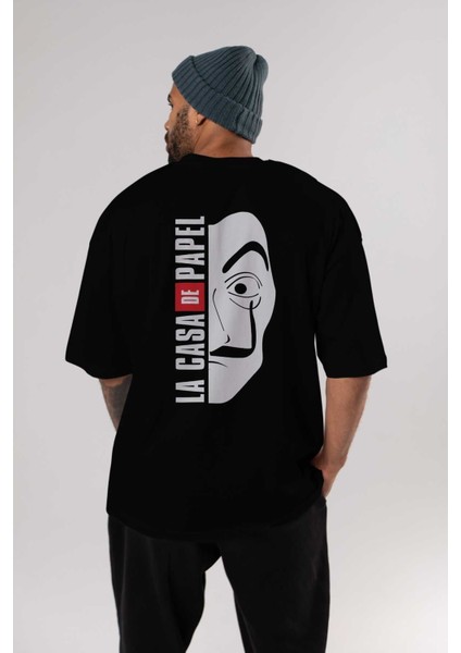 La Casa De Papel (3) Arka Baskılı Siyah Oversize T-Shirt Bisiklet Yaka Pamuk Erkek Kadın