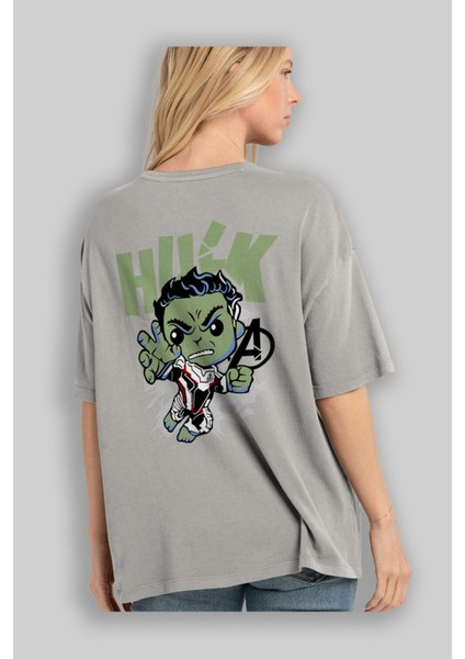 Hulk (8) Arka Baskılı Gri Oversize T-Shirt Bisiklet Yaka Pamuk Erkek Kadın modelleri