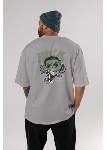 Hulk (8) Arka Baskılı Gri Oversize T-Shirt Bisiklet Yaka Pamuk Erkek Kadın fırsatları