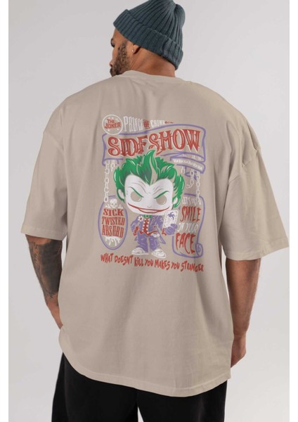 Joker (4) Arka Baskılı Bej Oversize T-Shirt Bisiklet Yaka Pamuk Erkek Kadın indirimleri