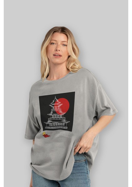 Retro Japanese Ön Baskılı Gri Oversize T-Shirt Unisex Erkek Kadın Bisiklet Yaka fırsatları