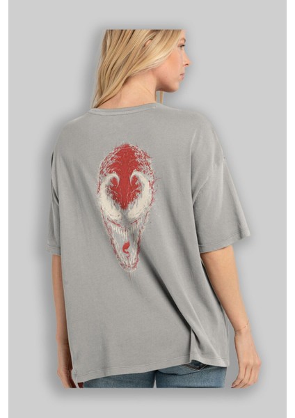 Venom (12) Arka Baskılı Gri Oversize T-Shirt Bisiklet Yaka Pamuk Erkek Kadın modelleri
