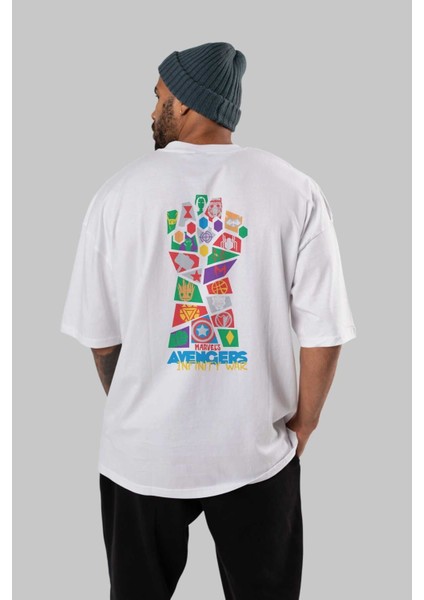The Avengers Arka Baskılı Beyaz Oversize T-Shirt Bisiklet Yaka Pamuk Erkek Kadın fırsatları