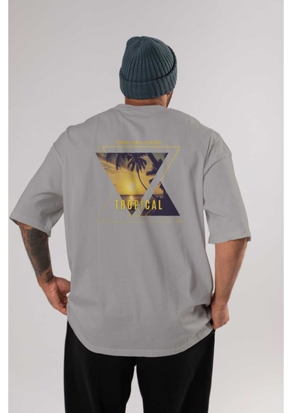 Summer Vibes Yazılı Arka Baskılı Gri Oversize T-Shirt Unisex Erkek Kadın Bisiklet Yaka