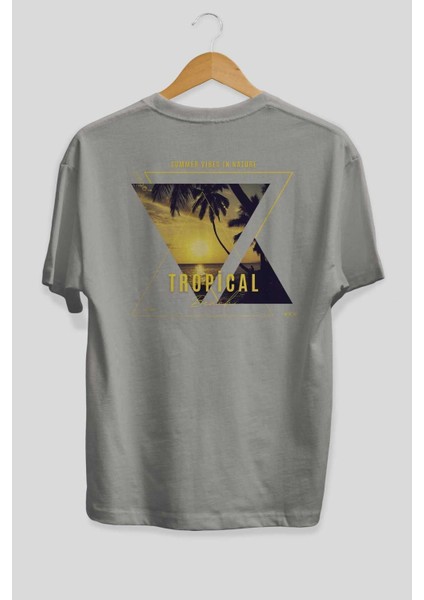 Summer Vibes Yazılı Arka Baskılı Gri Oversize T-Shirt Unisex Erkek Kadın Bisiklet Yaka fiyatları
