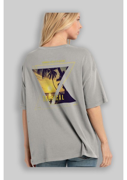 Summer Vibes Yazılı Arka Baskılı Gri Oversize T-Shirt Unisex Erkek Kadın Bisiklet Yaka modelleri