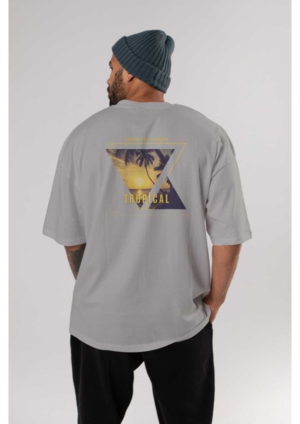 Summer Vibes Yazılı Arka Baskılı Gri Oversize T-Shirt Unisex Erkek Kadın Bisiklet Yaka fırsatları