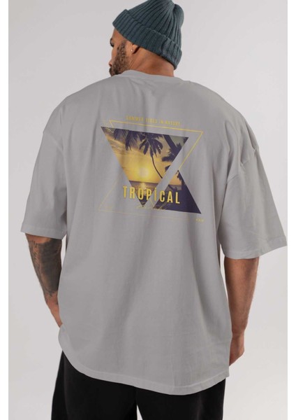Summer Vibes Yazılı Arka Baskılı Gri Oversize T-Shirt Unisex Erkek Kadın Bisiklet Yaka indirimleri