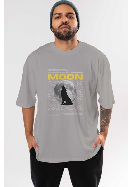Moon Ön Baskılı Gri Oversize T-Shirt Unisex Erkek Kadın Bisiklet Yaka