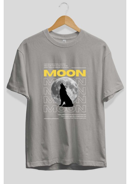 Moon Ön Baskılı Gri Oversize T-Shirt Unisex Erkek Kadın Bisiklet Yaka fiyatları