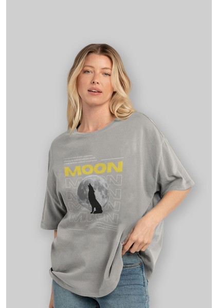 Moon Ön Baskılı Gri Oversize T-Shirt Unisex Erkek Kadın Bisiklet Yaka fırsatları