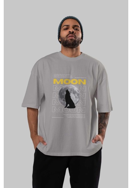Moon Ön Baskılı Gri Oversize T-Shirt Unisex Erkek Kadın Bisiklet Yaka indirimleri