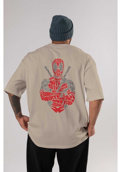 Deadpool (16) Arka Baskılı Bej Oversize T-Shirt Bisiklet Yaka Pamuk Erkek Kadın