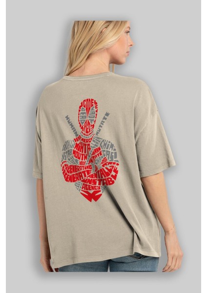 Deadpool (16) Arka Baskılı Bej Oversize T-Shirt Bisiklet Yaka Pamuk Erkek Kadın modelleri