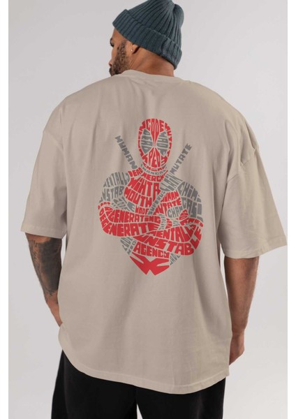 Deadpool (16) Arka Baskılı Bej Oversize T-Shirt Bisiklet Yaka Pamuk Erkek Kadın indirimleri