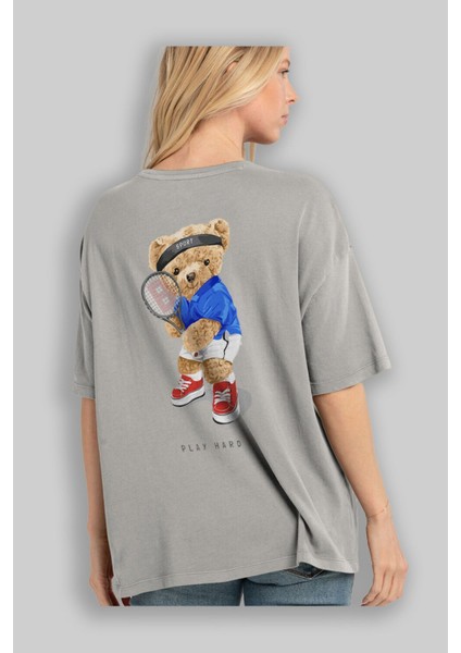Teddy Bear Play Hard Arka Baskılı Gri Oversize T-Shirt Unisex Erkek Kadın Bisiklet Yaka modelleri