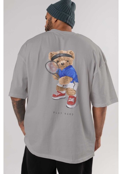 Teddy Bear Play Hard Arka Baskılı Gri Oversize T-Shirt Unisex Erkek Kadın Bisiklet Yaka indirimleri