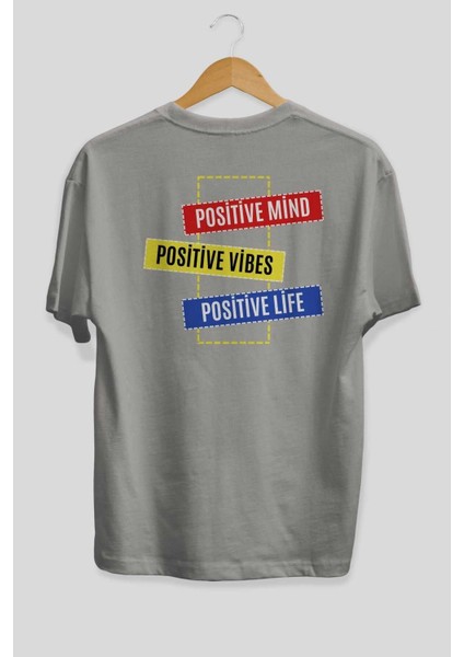 Positive Mind Vibes Lifes Arka Baskılı Gri Oversize T-Shirt Unisex Erkek Kadın Bisiklet Yaka fiyatları
