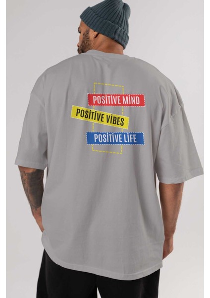 Positive Mind Vibes Lifes Arka Baskılı Gri Oversize T-Shirt Unisex Erkek Kadın Bisiklet Yaka indirimleri
