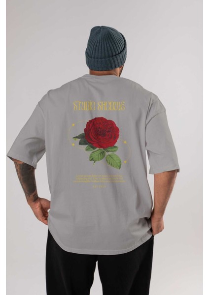 Studio Shodwe Rose Arka Baskılı Gri Oversize T-Shirt Unisex Erkek Kadın Bisiklet Yaka