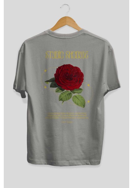Studio Shodwe Rose Arka Baskılı Gri Oversize T-Shirt Unisex Erkek Kadın Bisiklet Yaka fiyatları