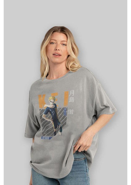 Kei Tsukishima 2 Anime Ön Baskılı Gri Oversize T-Shirt %100 Pamuk Erkek Kadın