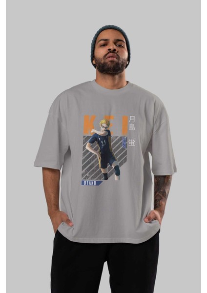 Kei Tsukishima 2 Anime Ön Baskılı Gri Oversize T-Shirt %100 Pamuk Erkek Kadın