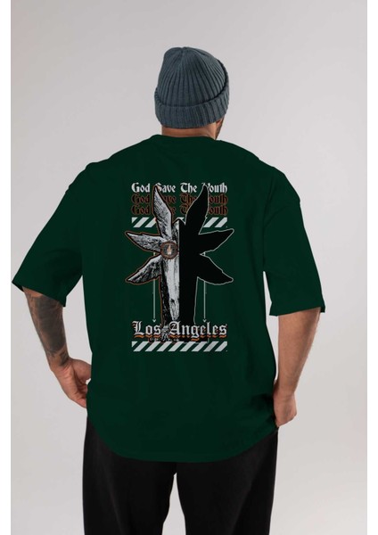 God Save The Youth Arka Baskılı Zümrüt Yeşili Oversize T-Shirt Unisex Erkek Kadın Bisiklet Yaka