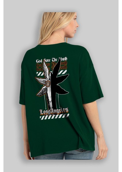 God Save The Youth Arka Baskılı Zümrüt Yeşili Oversize T-Shirt Unisex Erkek Kadın Bisiklet Yaka fırsatları