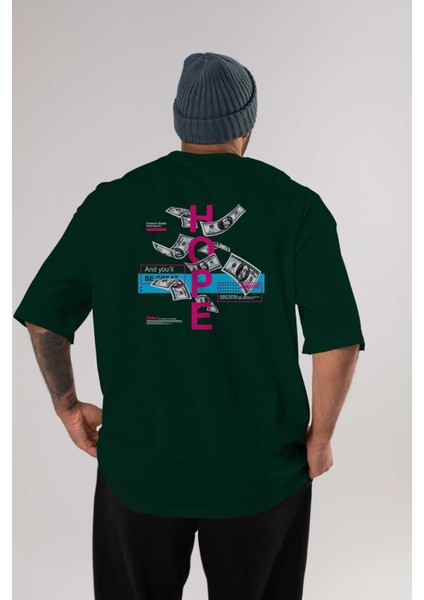 Hope Arka Baskılı Zümrüt Yeşili Oversize T-Shirt Unisex Erkek Kadın Bisiklet Yaka