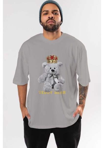 Teddy Bear Ön Baskılı Gri Oversize T-Shirt Unisex Erkek Kadın Bisiklet Yaka