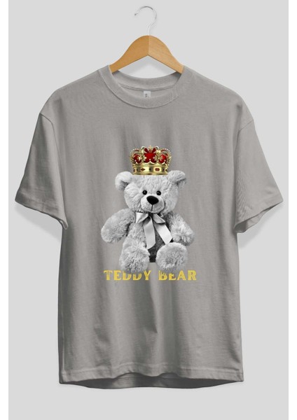 Teddy Bear Ön Baskılı Gri Oversize T-Shirt Unisex Erkek Kadın Bisiklet Yaka fiyatları