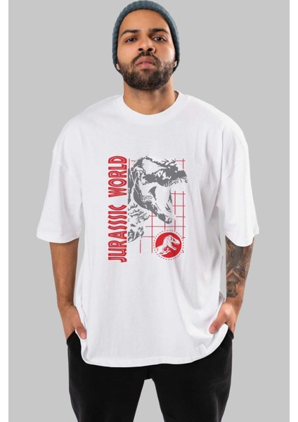 Jurassic Park (2) Ön Baskılı Beyaz Oversize T-Shirt Bisiklet Yaka Erkek Kadın