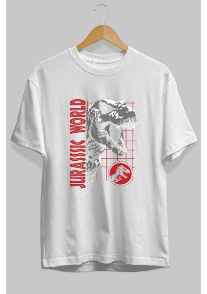 Jurassic Park (2) Ön Baskılı Beyaz Oversize T-Shirt Bisiklet Yaka Erkek Kadın fiyatları