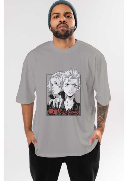 Tokyo Revengers Anime Ön Baskılı Gri Oversize T-Shirt %100 Pamuk Erkek Kadın