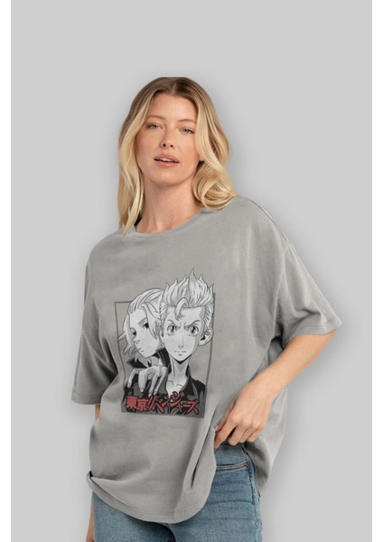 Tokyo Revengers Anime Ön Baskılı Gri Oversize T-Shirt %100 Pamuk Erkek Kadın fırsatları