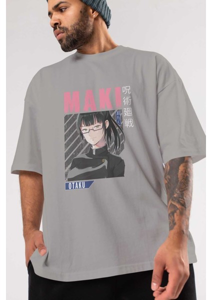 Maki Zenin Chaınsawman 1 Anime Ön Baskılı Gri Oversize T-Shirt %100 Pamuk Erkek Kadın modelleri