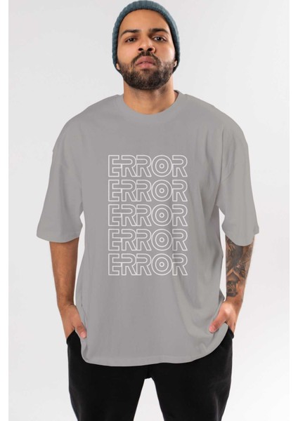 Error Yazılı Ön Baskılı Gri Oversize T-Shirt Unisex Erkek Kadın Bisiklet Yaka