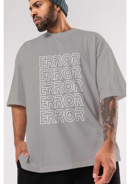 Error Yazılı Ön Baskılı Gri Oversize T-Shirt Unisex Erkek Kadın Bisiklet Yaka modelleri