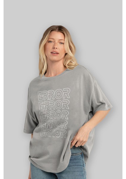 Error Yazılı Ön Baskılı Gri Oversize T-Shirt Unisex Erkek Kadın Bisiklet Yaka fırsatları
