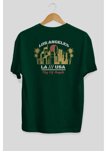 Los Angeles Arka Baskılı Zümrüt Yeşili Oversize T-Shirt Unisex Erkek Kadın Bisiklet Yaka fiyatları