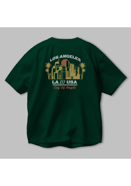 Los Angeles Arka Baskılı Zümrüt Yeşili Oversize T-Shirt Unisex Erkek Kadın Bisiklet Yaka modelleri