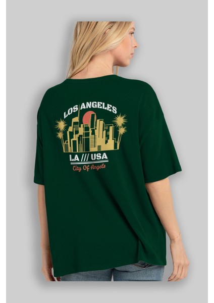 Los Angeles Arka Baskılı Zümrüt Yeşili Oversize T-Shirt Unisex Erkek Kadın Bisiklet Yaka fırsatları