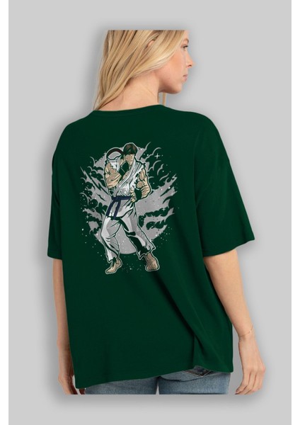 Ryu Arka Baskılı Zümrüt Yeşili Oversize T-Shirt Erkek Kadın Bisiklet Yaka fırsatları
