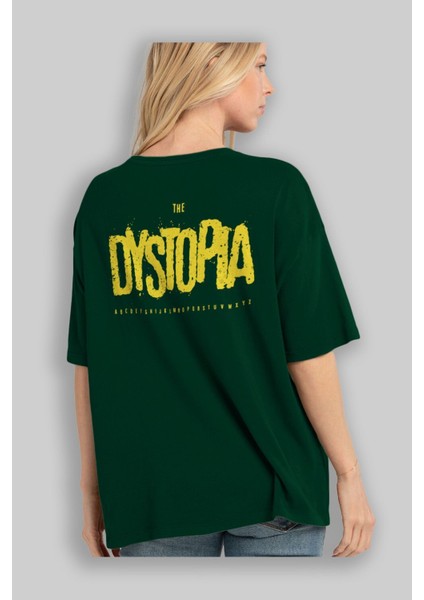 The Dystopia Arka Baskılı Zümrüt Yeşili Oversize T-Shirt Erkek Kadın Bisiklet Yaka fırsatları