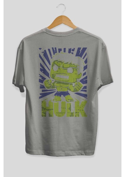Hulk (2) Arka Baskılı Gri Oversize T-Shirt Bisiklet Yaka Pamuk Erkek Kadın fiyatları