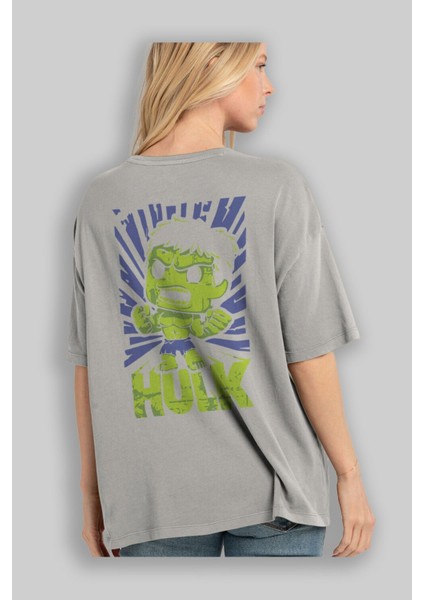 Hulk (2) Arka Baskılı Gri Oversize T-Shirt Bisiklet Yaka Pamuk Erkek Kadın modelleri